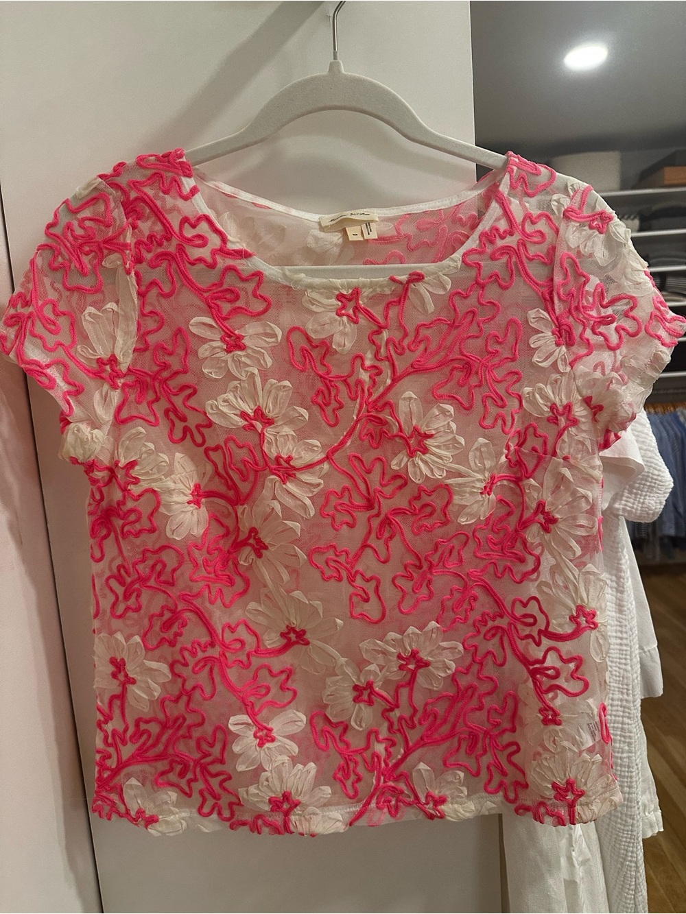 Meadow Rue Neon Pink Floral Embroidered Sheer Blouse on Cream